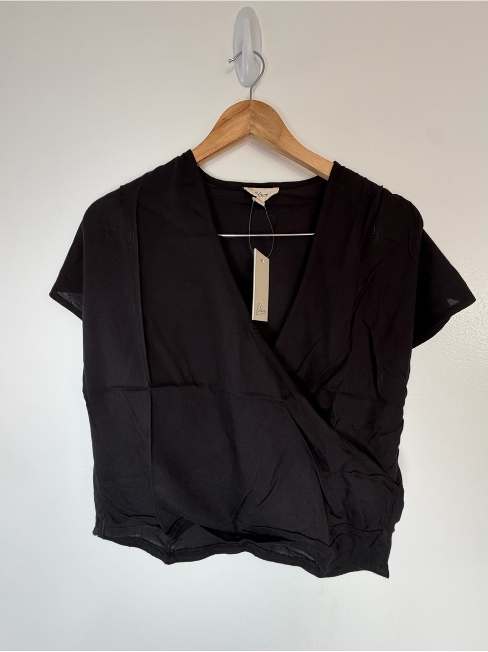 Elan Black Sheer Wrap Blouse Top Short Sleeve Size Large NWT - Picture 1 of 7